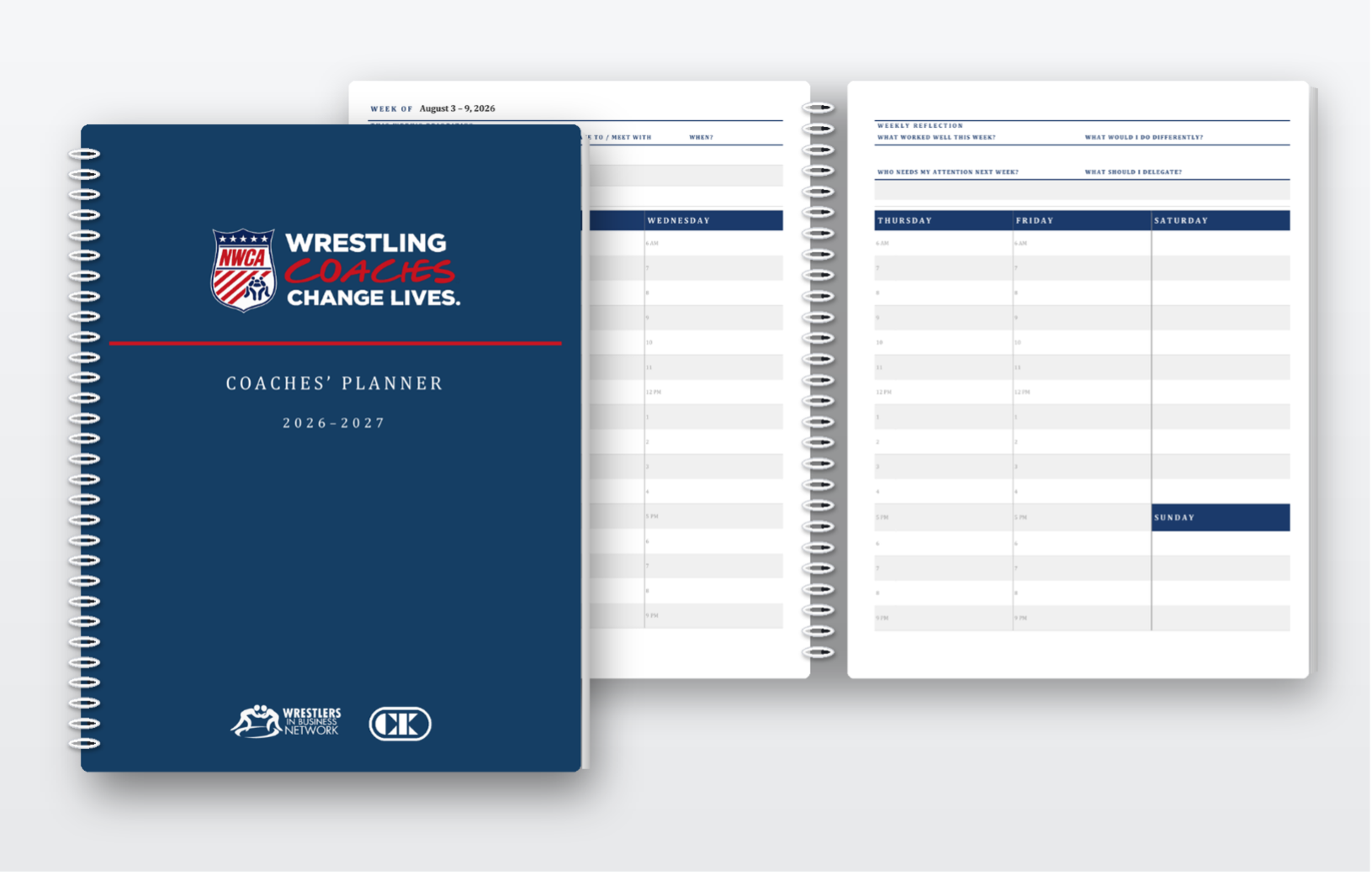 The 2026–2027 NWCA Coaches' Planner with its spiral-bound cover and weekly planning pages